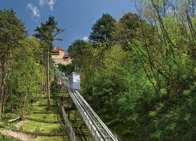 The inclined elevator climbing through the forest towards the Citadel