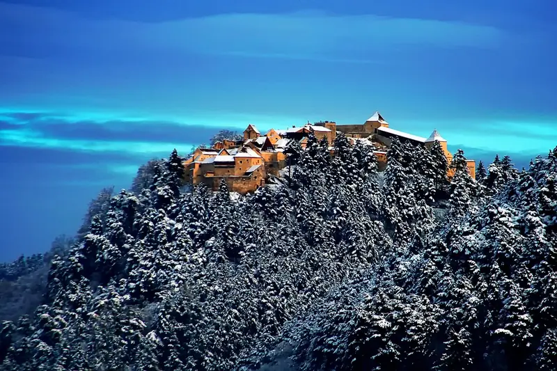 Râșnov Citadel at dusk in winter